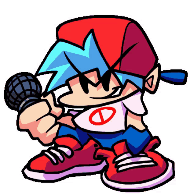 a cartoon character is holding a microphone and wearing a red hat .