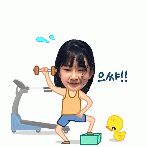 a cartoon of a girl lifting a dumbbell with a rubber duck behind her
