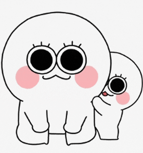 a cartoon character with big eyes and pink cheeks is sitting next to another cartoon character .