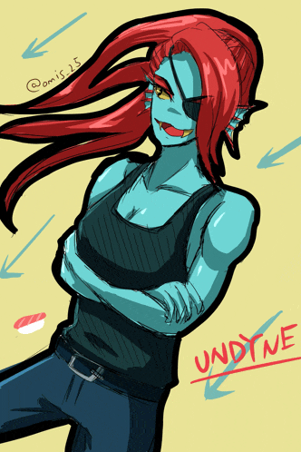 a drawing of a girl with red hair and the word undyne on the bottom