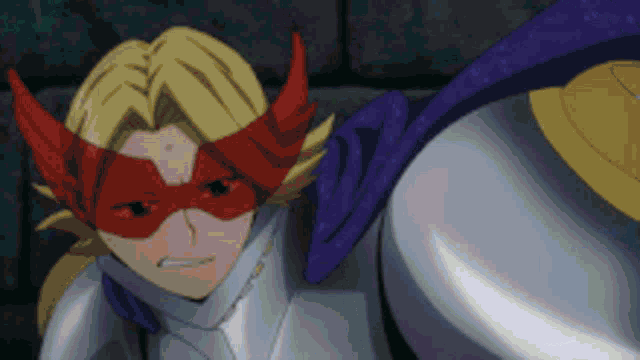 a cartoon character wearing a red mask and a silver armor