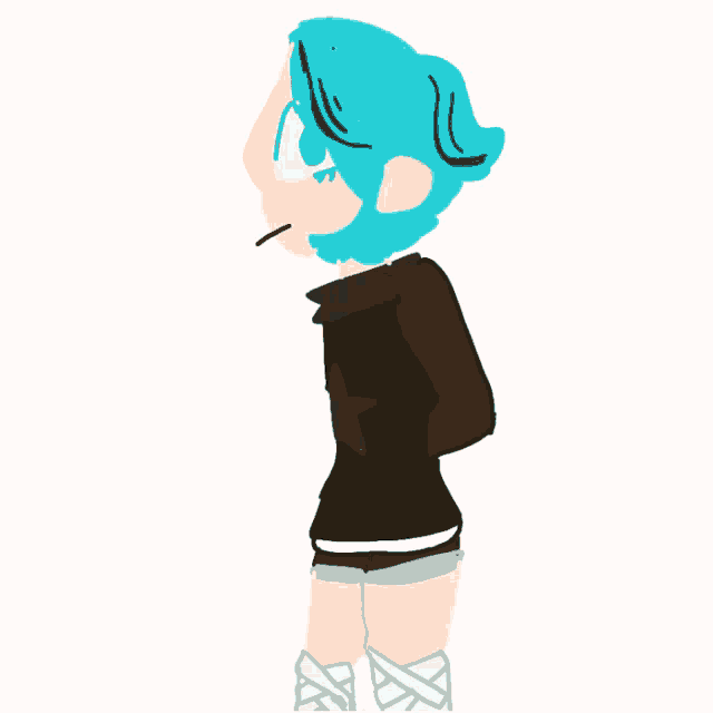 a drawing of a girl with blue hair wearing shorts and knee high boots