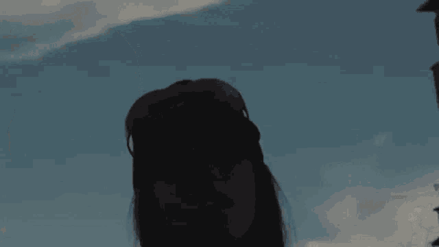 a silhouette of a woman wearing sunglasses with a blue sky behind her