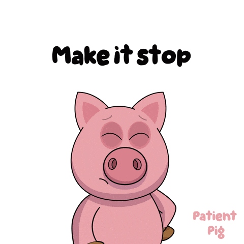 a cartoon pig with the words make it stop written above it