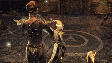 a video game shows a man and a woman in armor