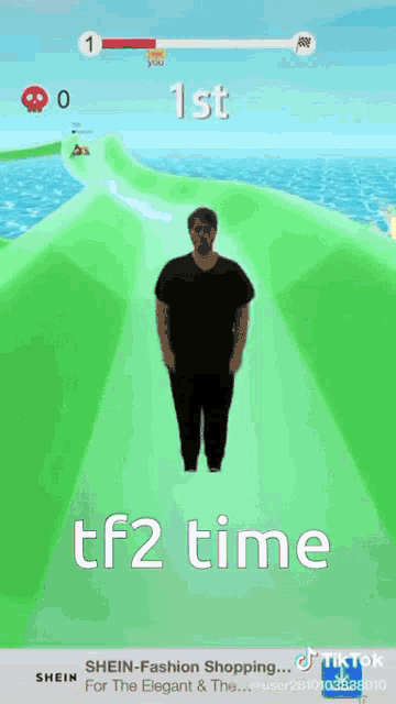 a man in a black shirt is standing in the water with the words tf2 time at the top