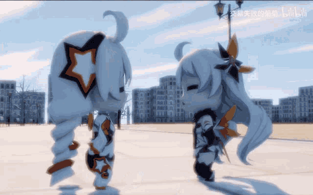 a cartoon character with a star on her back is standing on a snowy field