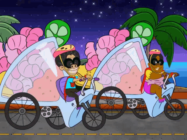 a cartoon of a man and a woman riding bikes on a road