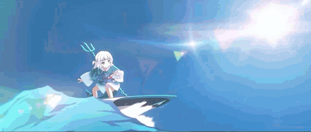 a girl with a trident on her head is riding a wave