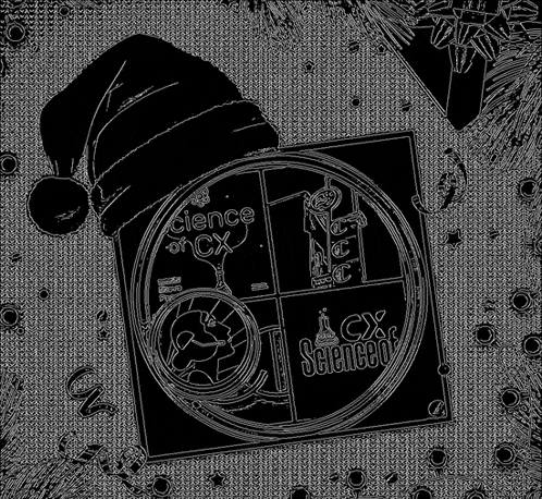 a black and white drawing of a santa hat on top of a science cd
