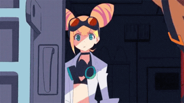 a girl in a lab coat and goggles is standing next to a door in a dark room .