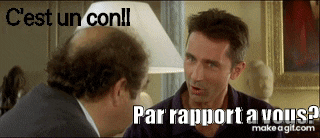 two men are talking in front of a lamp with the words " par rapport a vous " written on the bottom