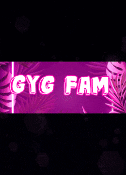 a neon sign that says gyg fam on a pink background