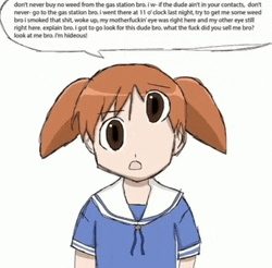 a cartoon of a girl with a speech bubble saying " don t never buy no weed from the gas station bro "