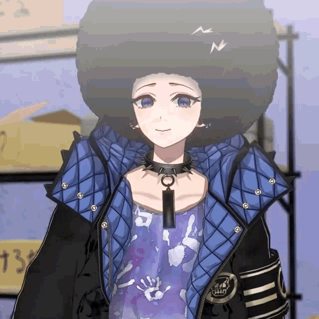 a girl with a big afro is wearing a black jacket and a purple top