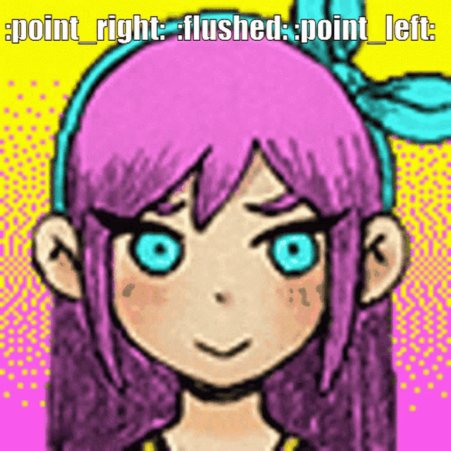 a drawing of a girl with purple hair and blue eyes with the words point right flushed point left on the bottom