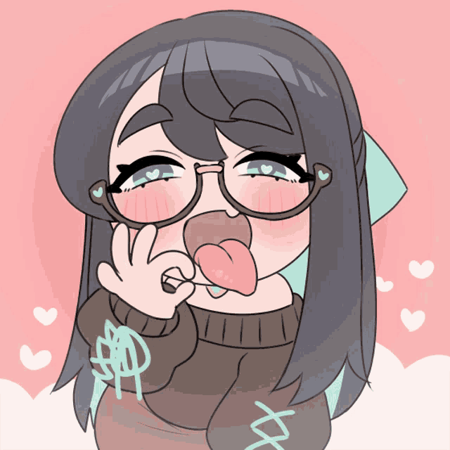 a cartoon drawing of a girl with glasses sticking out her tongue