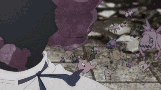 a man in a white shirt and tie is surrounded by a bunch of monsters .