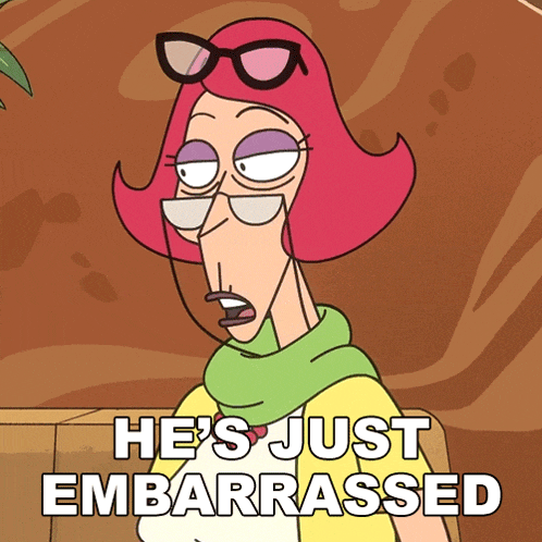 a cartoon of a woman with glasses and the words he 's just embarrassed below her