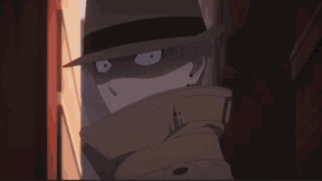 a man wearing a hat and a trench coat has the number 0 on the collar