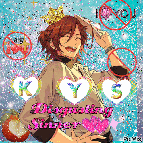 a picture of a boy with a crown on his head and the words disgusting sinner