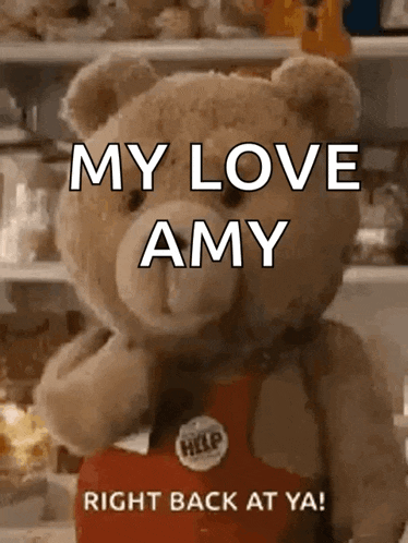 a teddy bear is standing in front of a shelf and says `` my love amy right back at ya ! ''