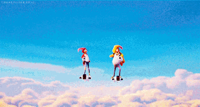 a couple of cartoon characters standing on top of a cloudy sky .