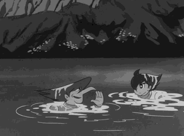 a black and white drawing of two cartoon characters swimming in a lake