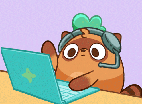 a cartoon of a raccoon wearing headphones and looking at a laptop computer