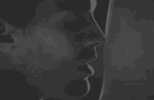 a black and white photo of a man and a woman kissing .