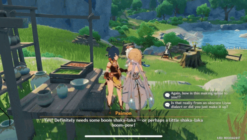 a screenshot of a video game with a character named paimon talking to another character