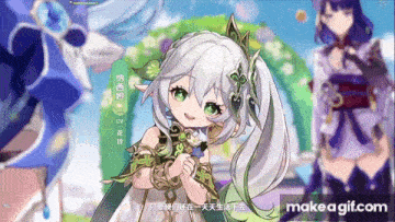 a girl with white hair and green eyes is on a screen that says make a gif.com at the bottom