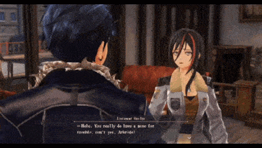 a screenshot of a video game shows a man and a woman talking