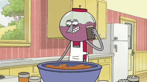 a cartoon character talking on a cell phone while standing next to a bowl of food