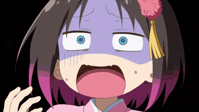 a girl with purple hair and blue eyes is making a funny face
