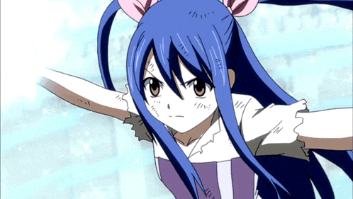 a girl with blue hair and a pink bow on her hair