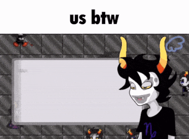 a cartoon character with horns and the words us btw on the bottom