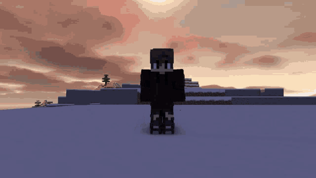 a minecraft character is standing in the snow with a red sky in the background