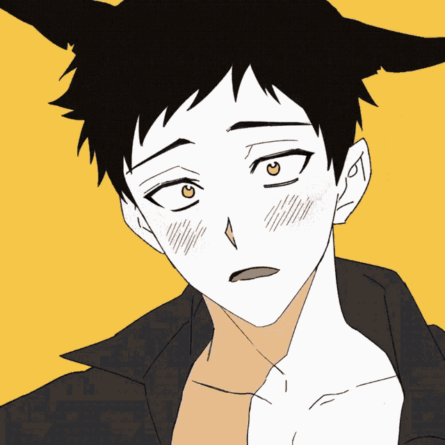 a drawing of a boy with black hair and a yellow eye