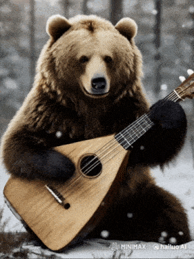 a brown bear is playing a guitar in the snow with a minimal logo in the bottom right corner