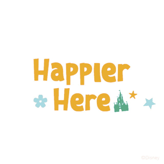 a disney logo that says happier here with hearts flowers and stars