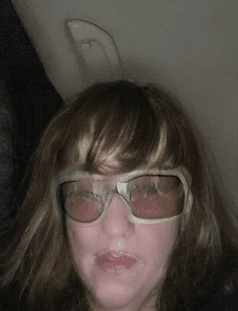 a woman wearing sunglasses and a wig looks at the camera in a car
