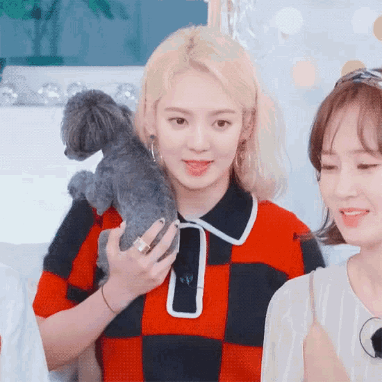 a woman in a red and black checkered shirt holds a small dog