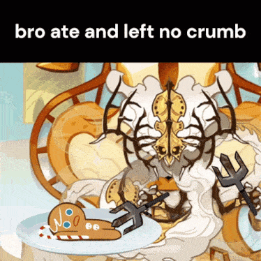 a cartoon drawing of a monster eating a gingerbread man with the words bro ate and left no crumb below it