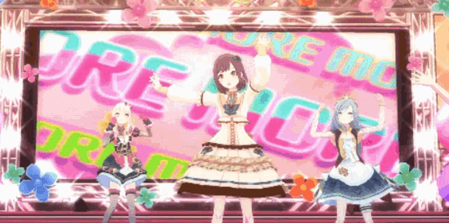 three anime girls are dancing on a stage in front of a large screen that says " dream "