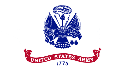 a united states army flag with a red ribbon