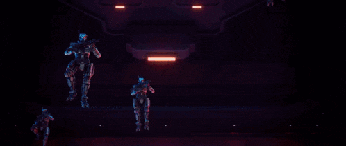 a group of futuristic soldiers are standing in a room with a sign that says ' a '