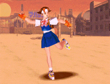 a girl in a blue skirt is dancing in a video game