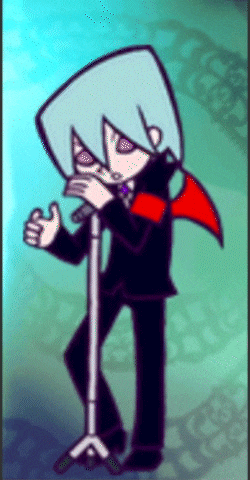 a cartoon character is singing into a microphone while wearing a suit