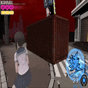 a girl in a school uniform is walking down a street in front of a box that says komaru